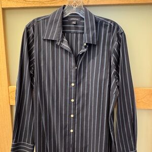 Lands' End Navy and Blue and White Striped Dress Shirt